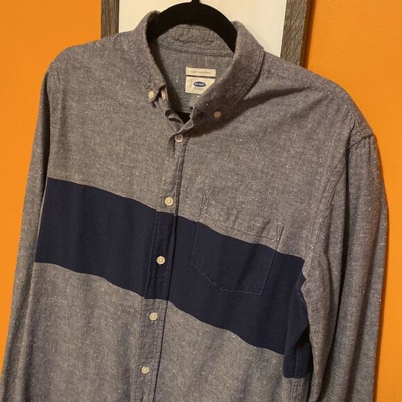 Old Navy Mens Slim Fit Blue Grey and Navy Stripe Button Down Shirt Medium - Picture 2 of 5